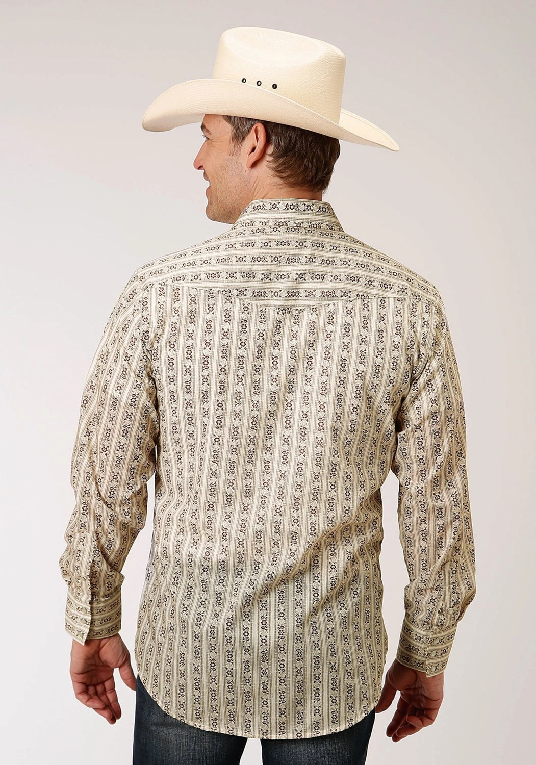 Matte Look Smooth Seam Finish Roper Mens Cream/Brown Cotton Blend Wallpaper L/S Shirt