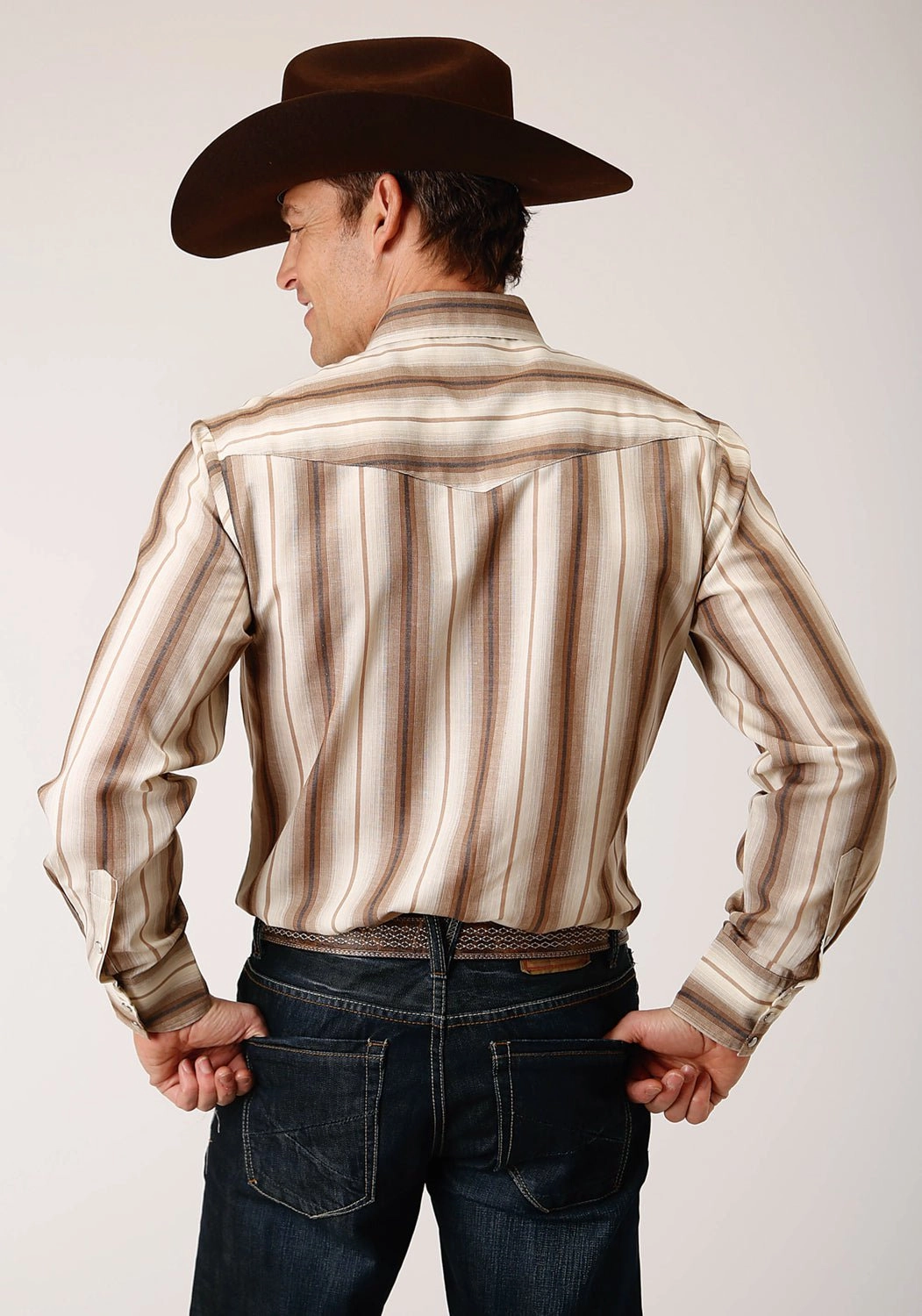 Unisex style Roper Mens Cream Ombre Stripe Brown Cotton Blend L/S Shirt