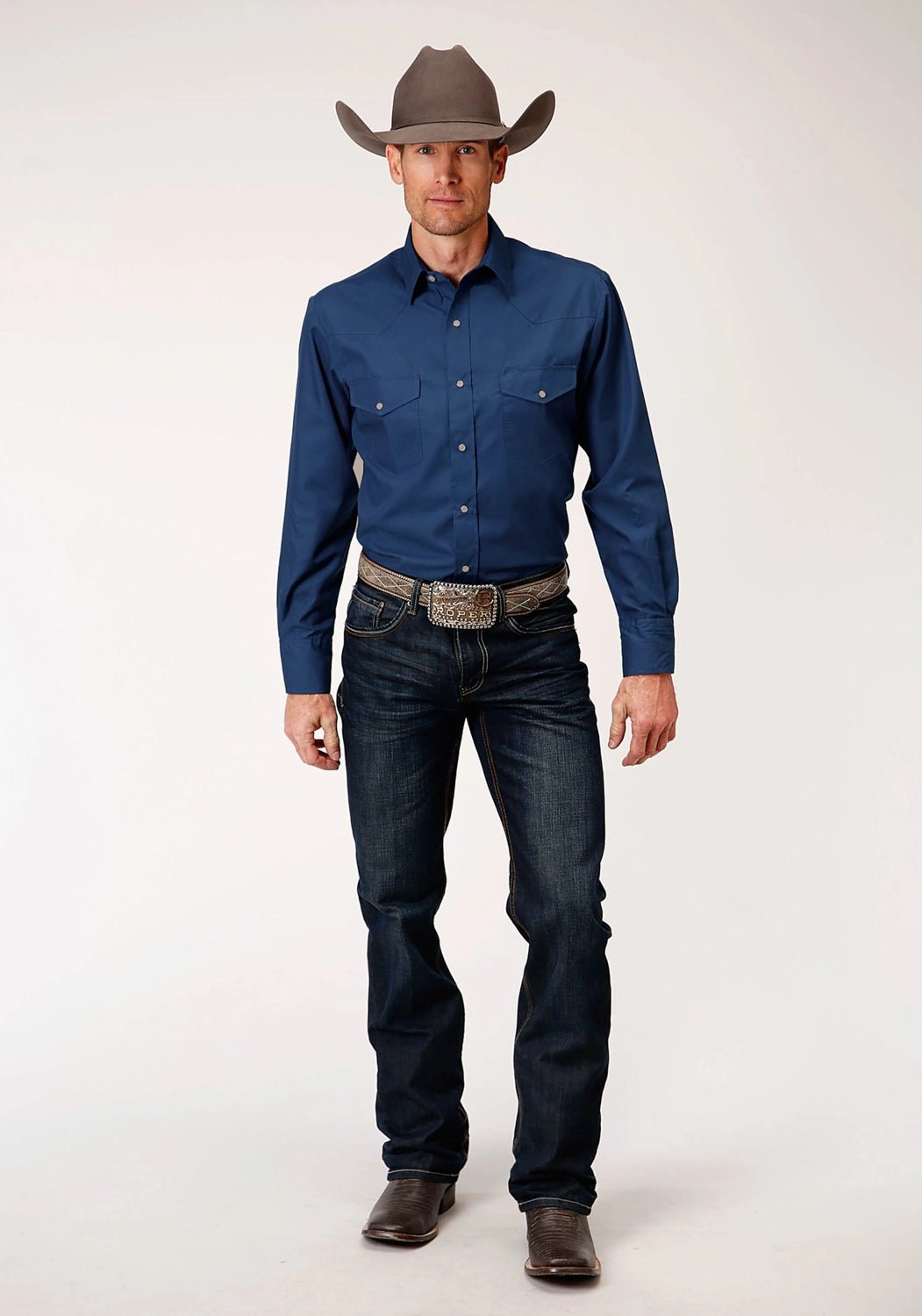 Urban Trend Roper Mens Denim Blue Cotton Blend Broadcloth L/S Shirt