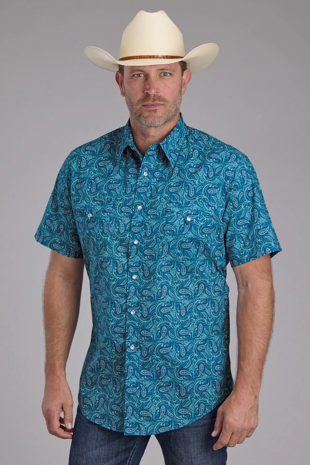 Roper Mens Denim Paisley Print Blue 100% Cotton S/S Shirt Fitted Cut High Street Fashion