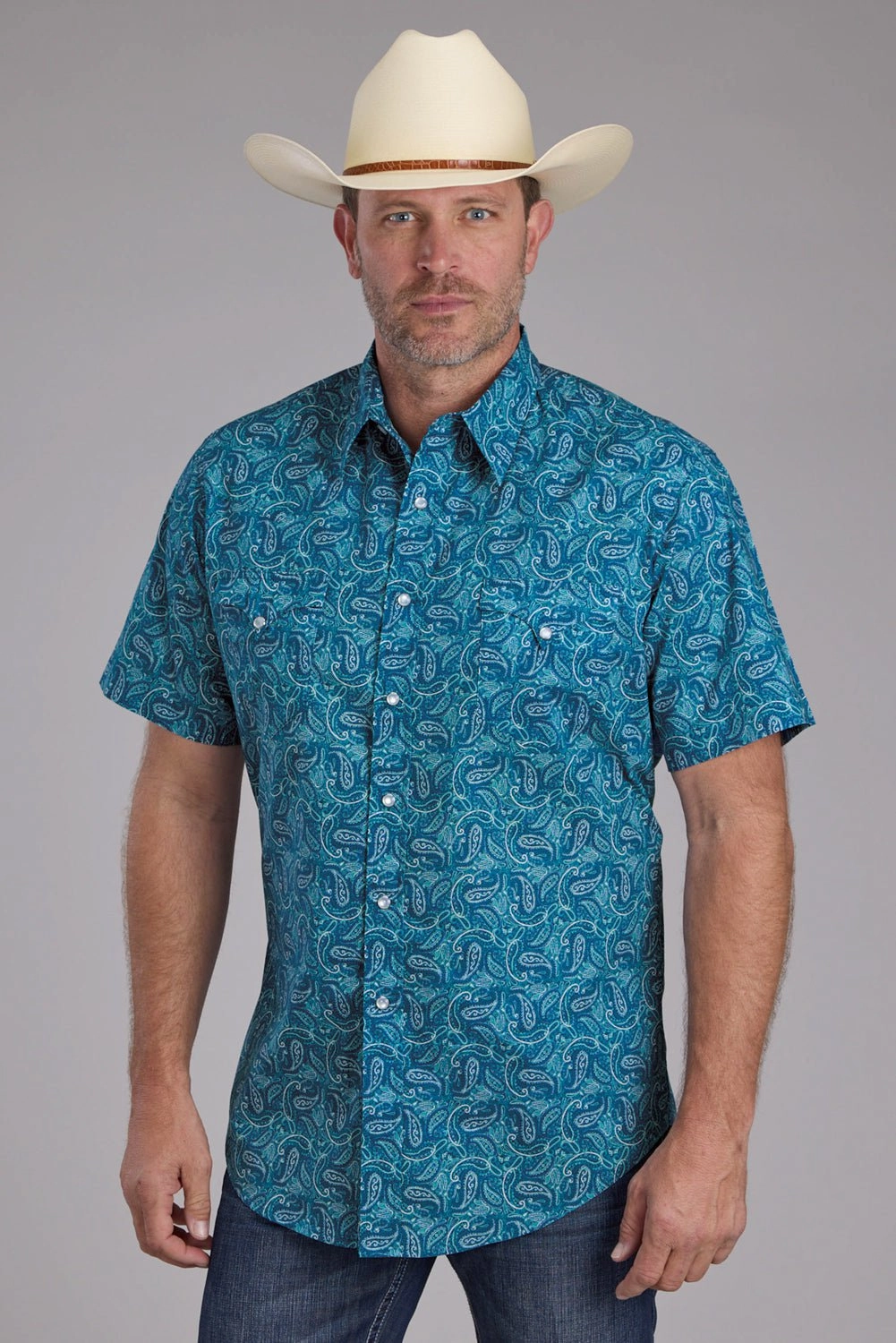 Roper Mens Denim Paisley Print Blue 100% Cotton S/S Shirt Eco-friendly