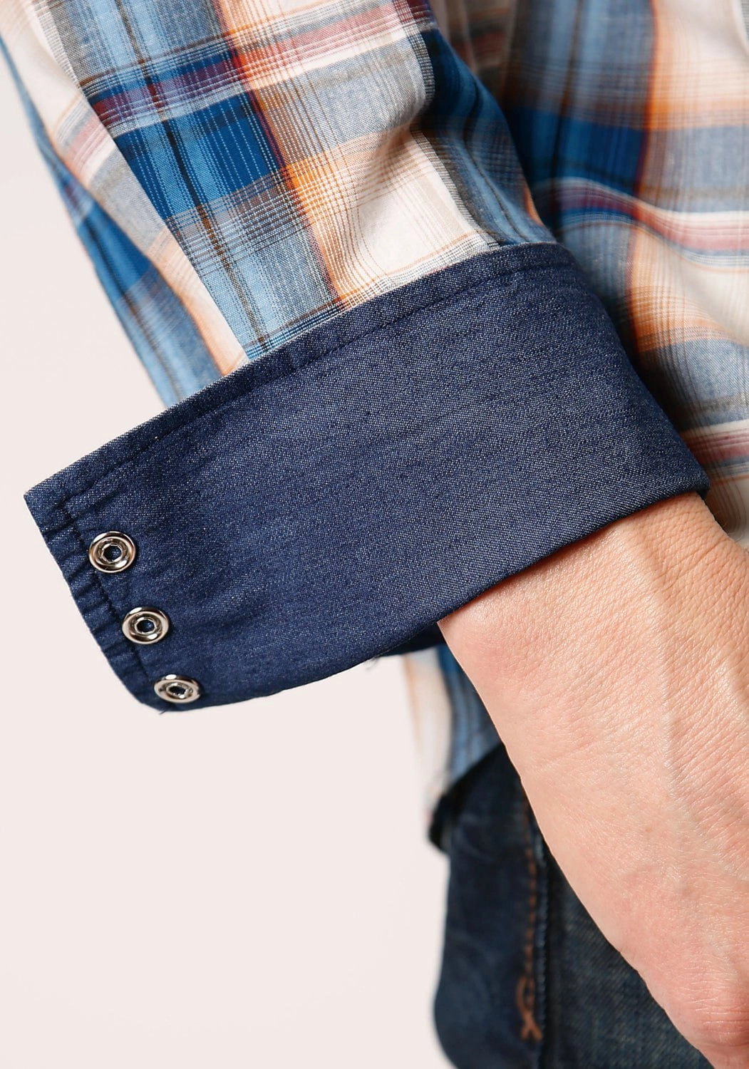 Roper Mens Denim Plaid Blue 100% Cotton L/S Shirt Workwear Essential