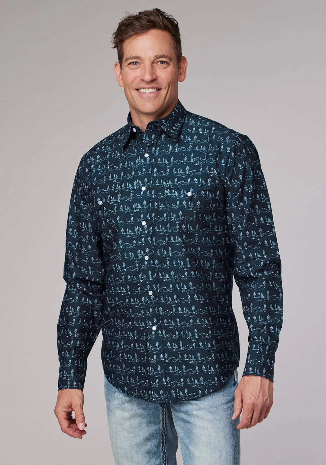 Roper Mens Desert Stripe Print Blue 100% Cotton L/S Shirt Classy Detail Pure Cotton