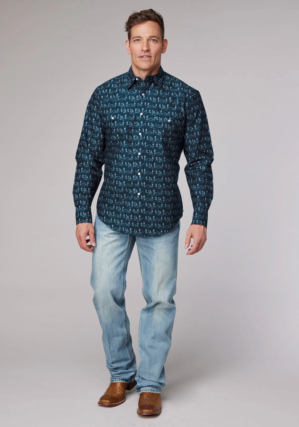 Roper Mens Desert Stripe Print Blue 100% Cotton L/S Shirt Cruise Collection Multipurpose Layering Fabric