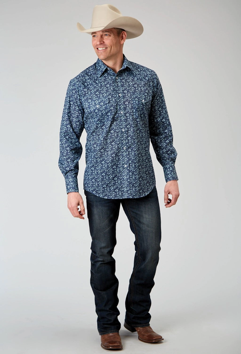 Roper Mens Ditsy Floral Tall Blue Cotton Blend L/S Shirt Striped style