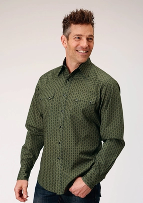 Roper Mens Drybrush Diamonds Green 100% Cotton L/S Shirt Urban Fashion