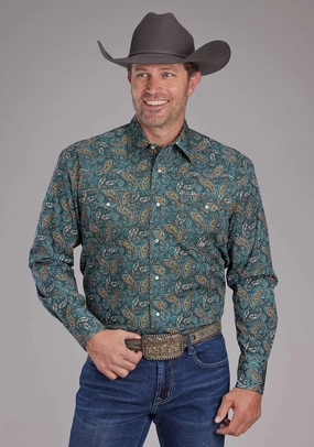 Roper Mens Dusk Paisley Blue/Brown 100% Cotton L/S Shirt slim fit