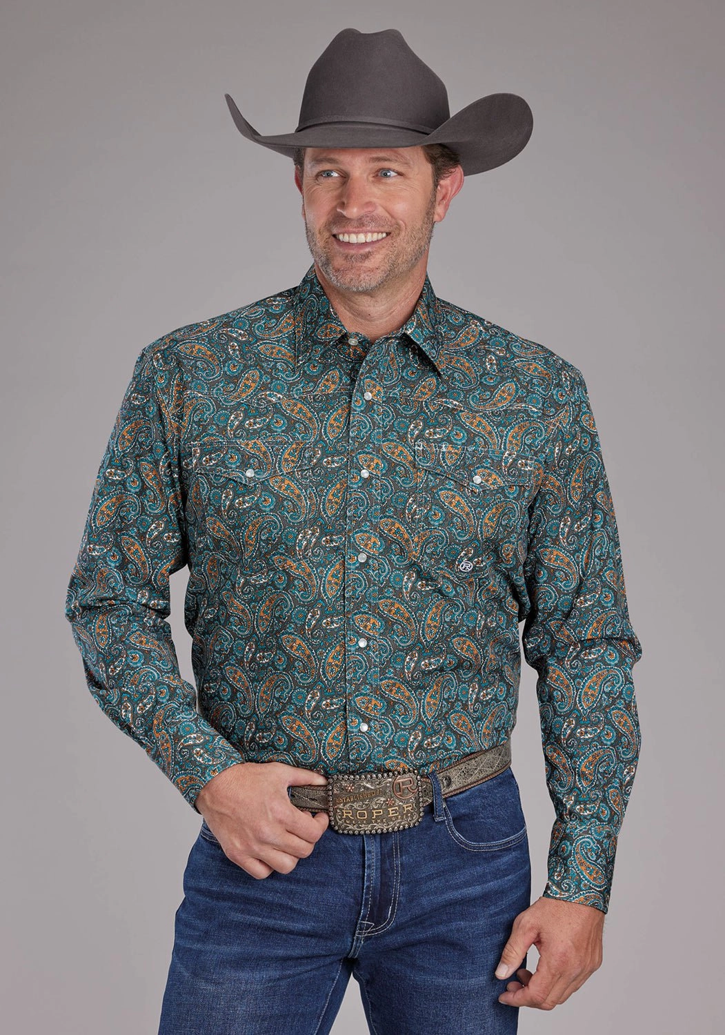 Roper Mens Dusk Paisley Blue/Brown 100% Cotton L/S Shirt Structured Shoulder Support