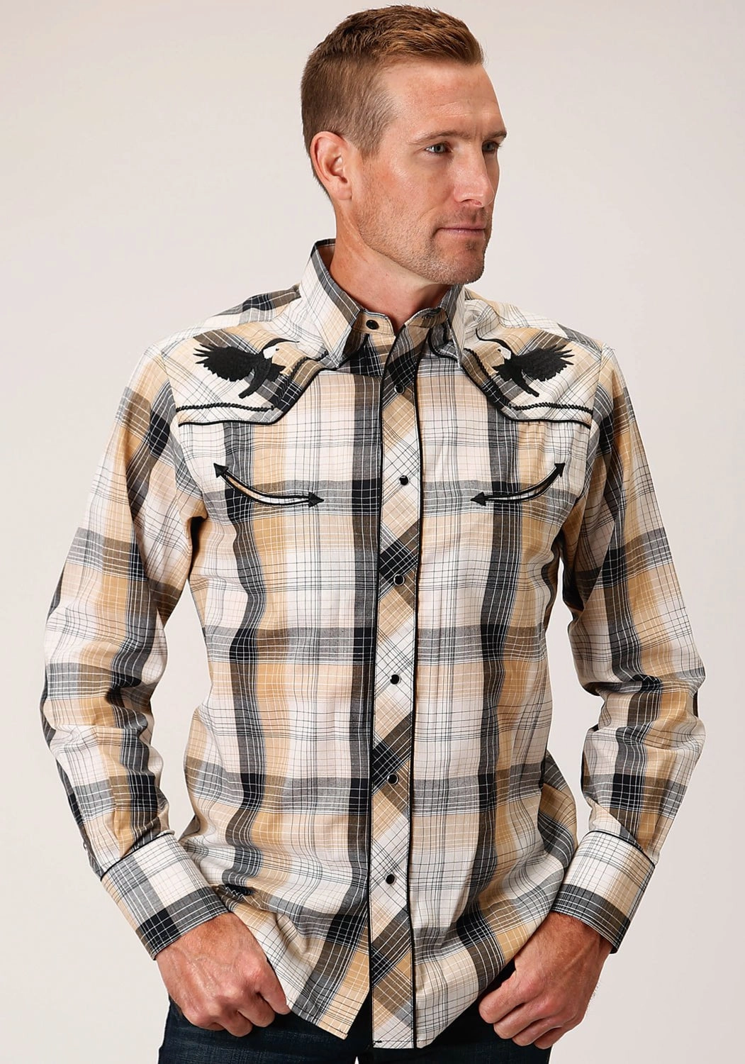 Effortless Style Trendy Fashion Roper Mens Eagle Plaid Black/Khaki Cotton Blend L/S Shirt