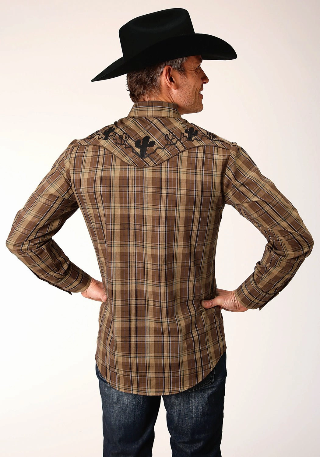 Roper Mens Fancy Cactus Plaid Brown Cotton Blend L/S Shirt Durable Texture Athleisure Trend