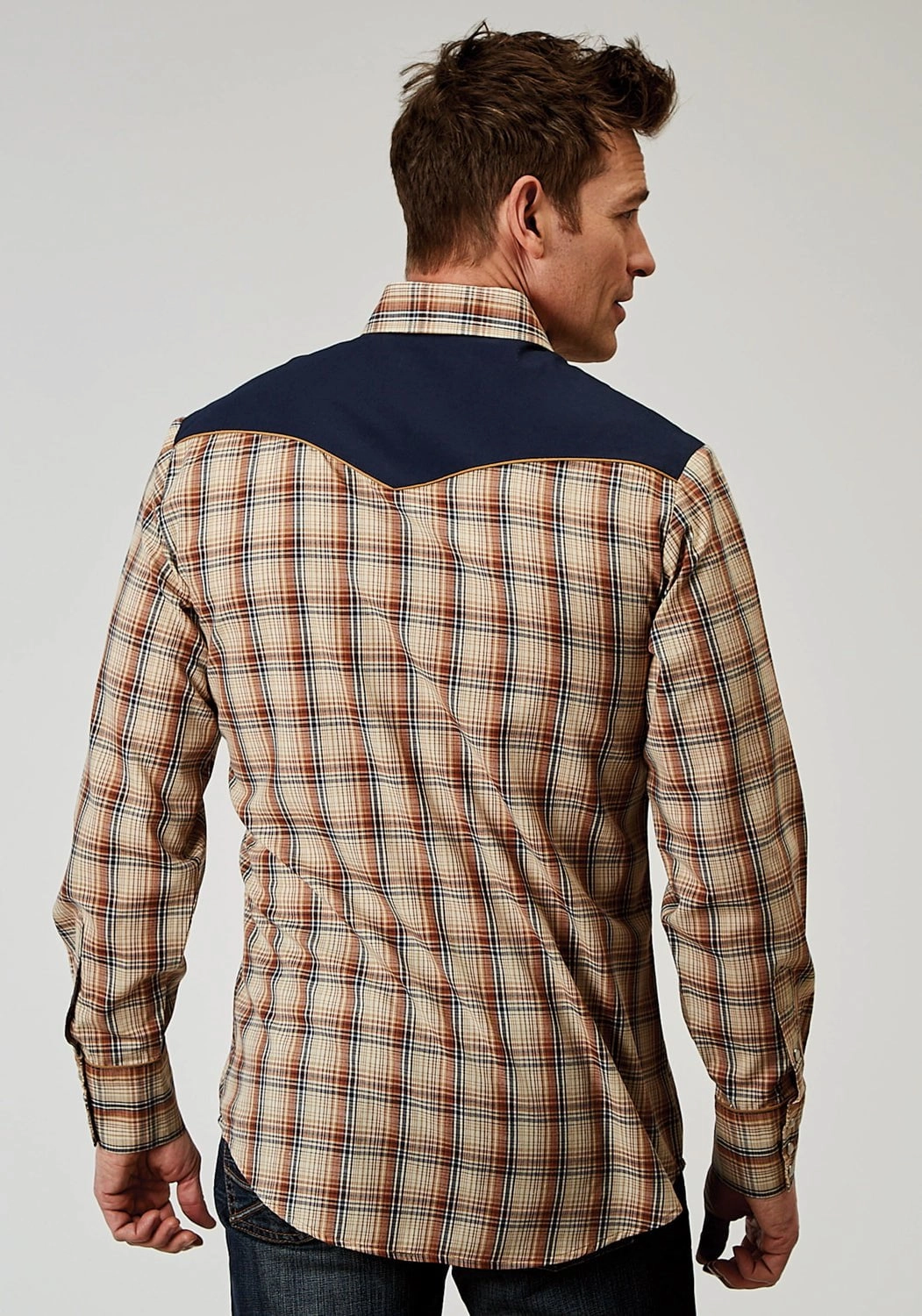 Roper Mens Fancy Yoke Horseshoe Brown Cotton Blend L/S Shirt Lounge Wear Flatlock stitching