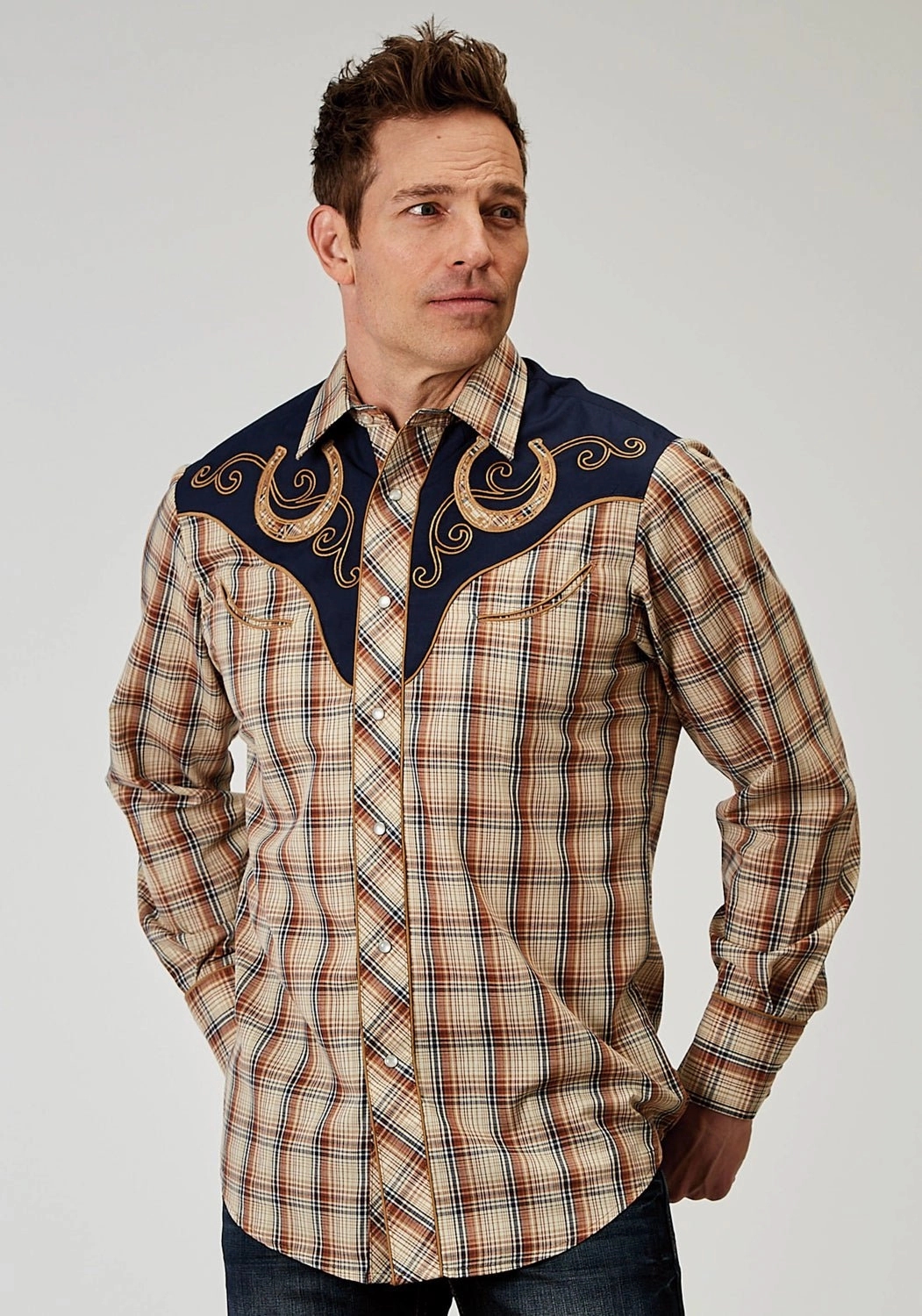 Classic Collar Subtle Details Roper Mens Fancy Yoke Horseshoe Brown Cotton Blend L/S Shirt