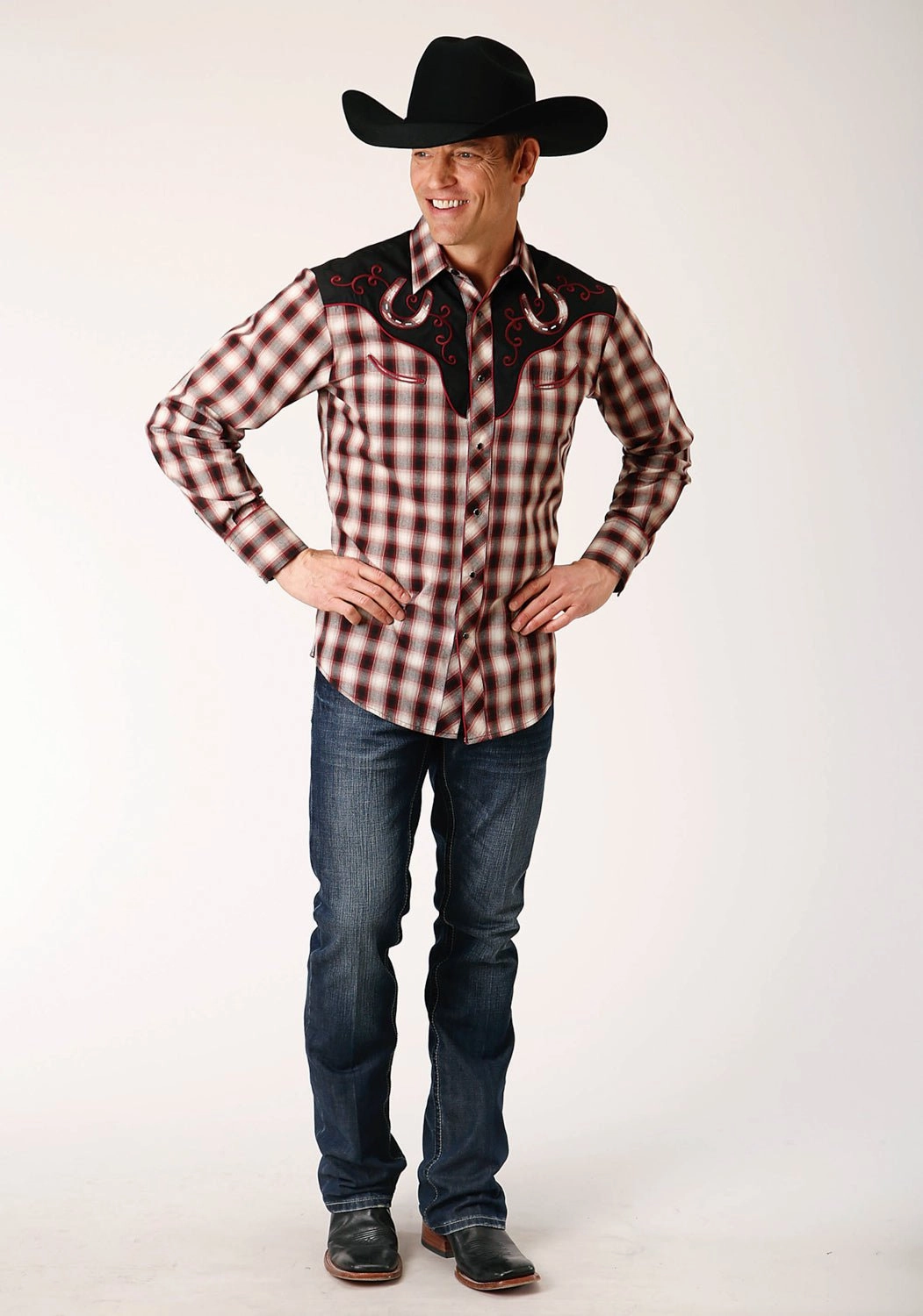 Wardrobe Staple Chic Look Roper Mens Fancy Yoke Horseshoe Wine/Cream Cotton Blend L/S Shirt