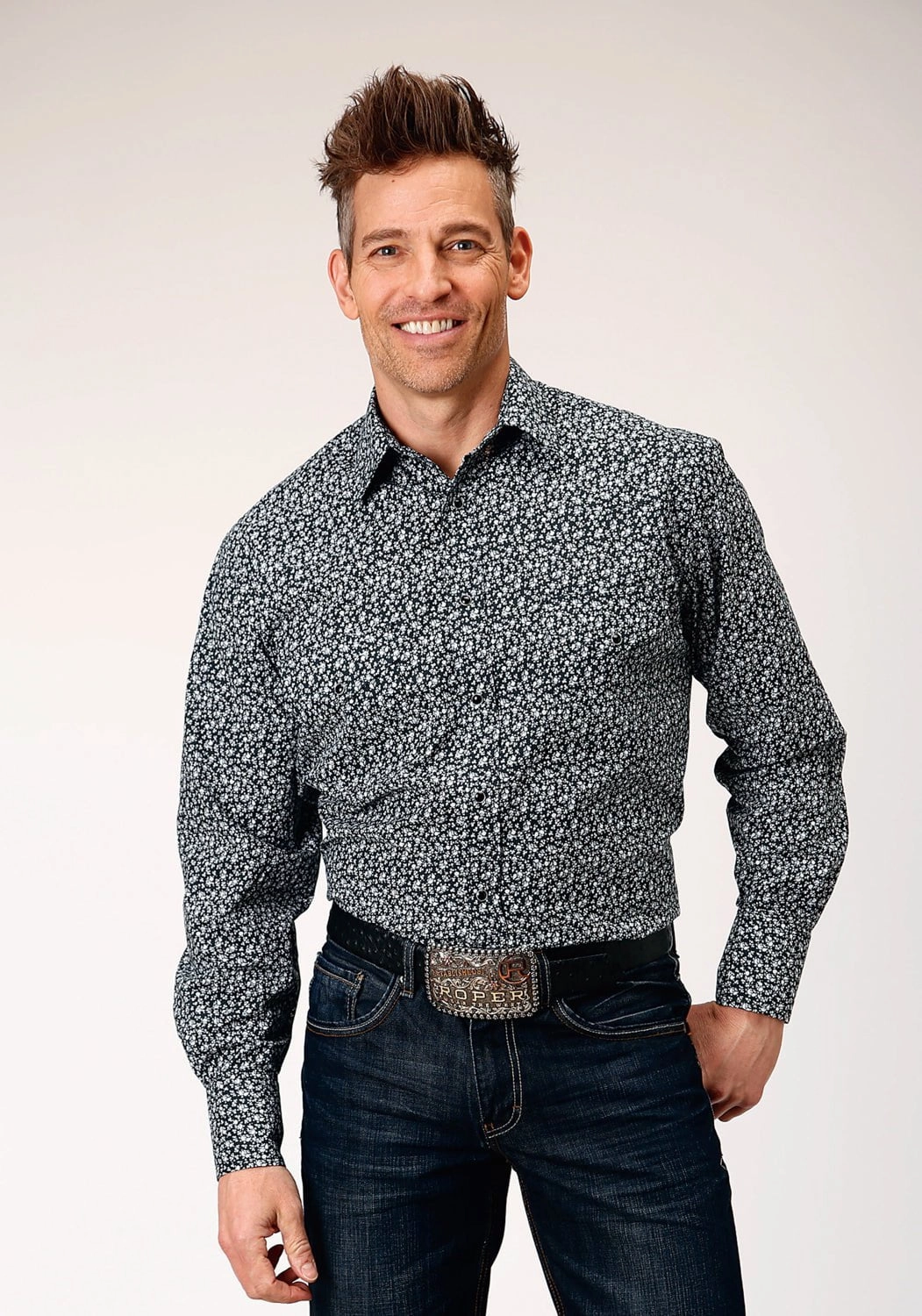 Roper Mens Floral Print Black/White Cotton Blend L/S Shirt Seamless Sides Effortless Comfort