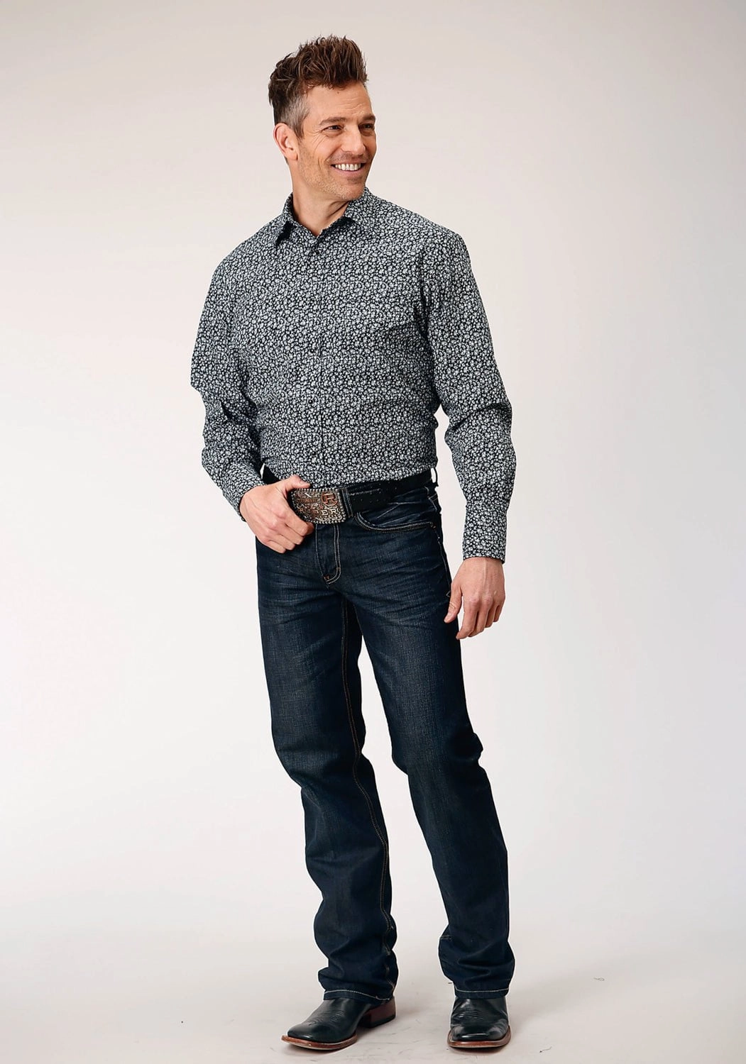 Roper Mens Floral Print Black/White Cotton Blend L/S Shirt Modern Appeal