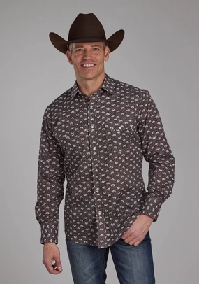 Hooded Neckline Wedding guest Roper Mens Floral Print Brown/Cream Cotton Blend L/S Shirt