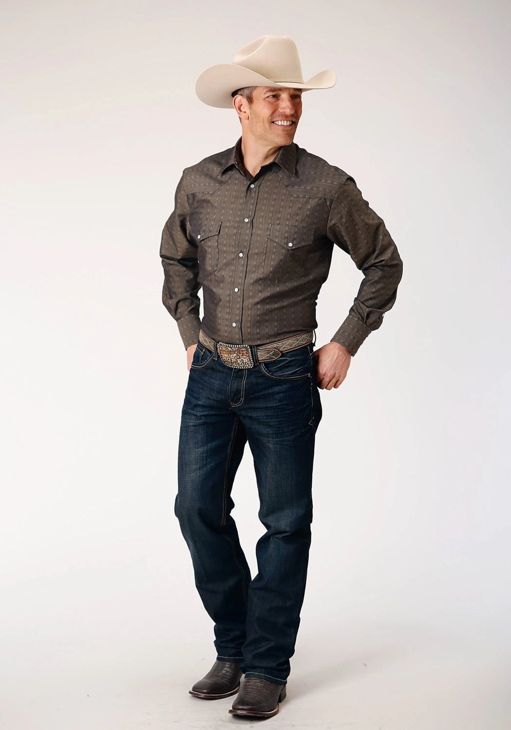 Roper Mens Floral Stripe Tonal Grey Poly/Cotton L/S Shirt Military Inspired Gradient effect