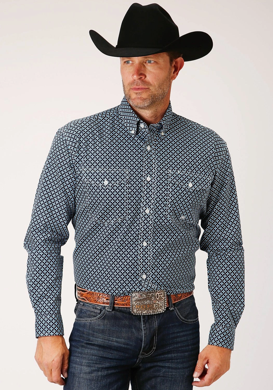 Non Static Finish Seasonal Wardrobe Roper Mens Four Leaf Foulard Blue 100% Cotton Tall Btn L/S Shirt