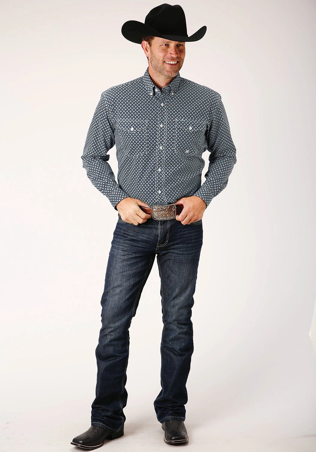 Roper Mens Four Leaf Foulard Blue 100% Cotton Tall Btn L/S Shirt Customizable Option