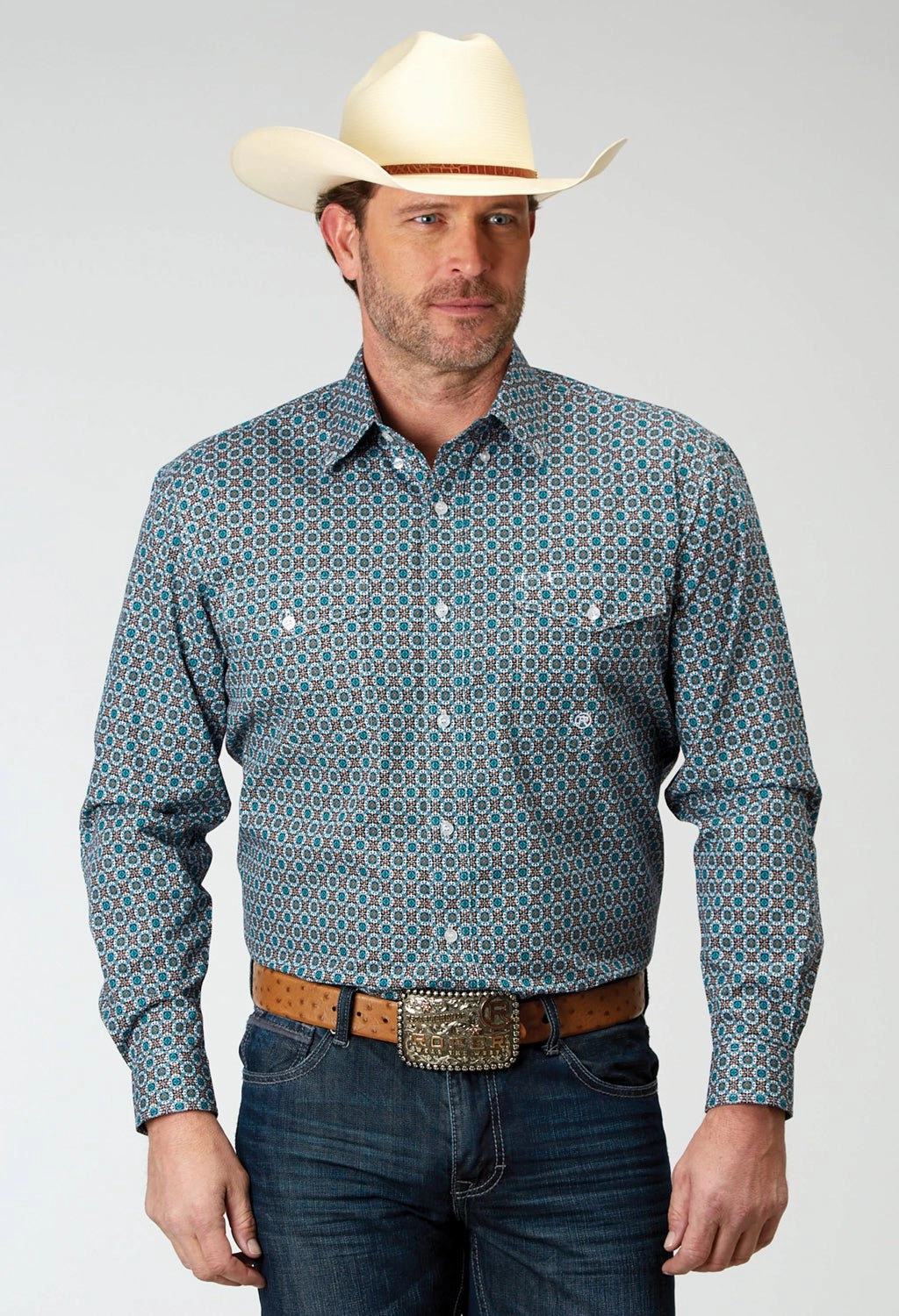 Roper Mens Frontier Foulard Multi-Color 100% Cotton L/S Shirt Recycled Polyester Blend Durable Thread Construction