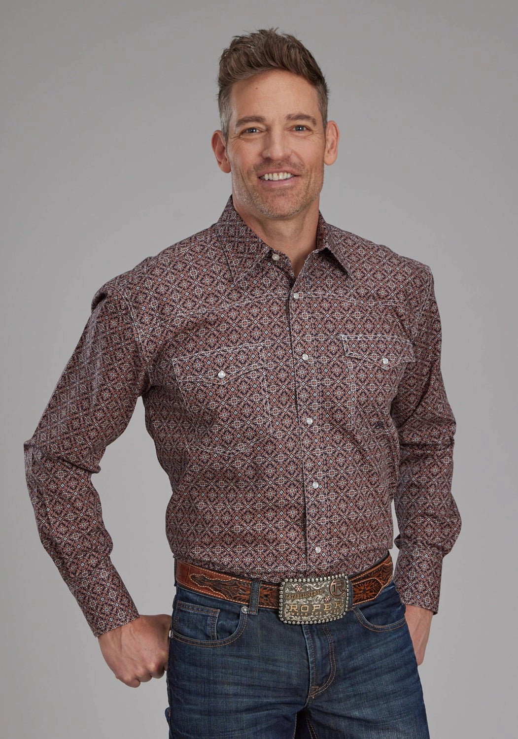 Classic Appeal Military Inspired Roper Mens Ginger Foulard Brown 100% Cotton L/S Shirt