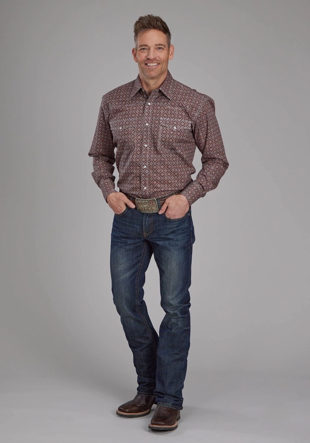 Breathable Cotton Functional Wear Roper Mens Ginger Foulard Brown 100% Cotton L/S Shirt