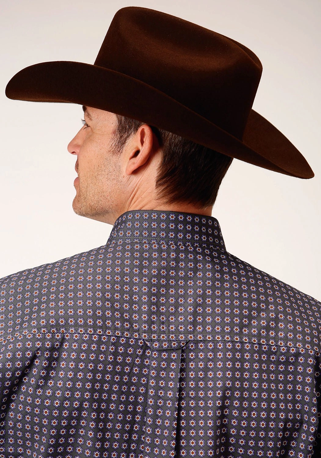 Odor Resistant Roper Mens Grey 100% Cotton Plum Foulard BD L/S 1 Pkt Shirt