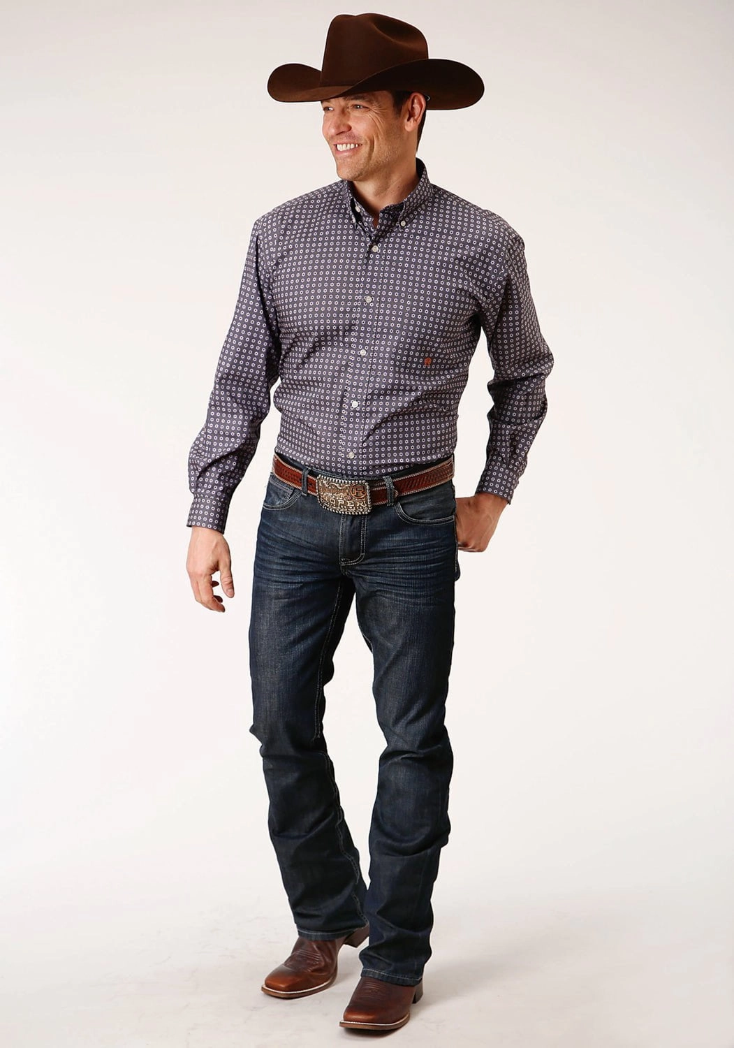 Roper Mens Grey 100% Cotton Plum Foulard BD L/S 1 Pkt Shirt Fast Drying BBQ Party