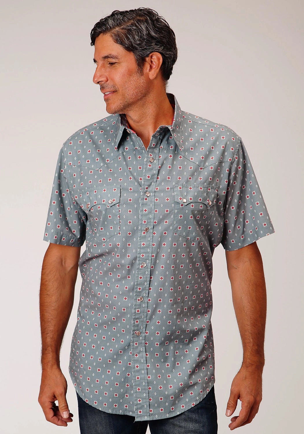 Roper Mens Grey 100% Cotton Vintage Foulard S/S Shirt Affordable Fashion Stretch Fabric