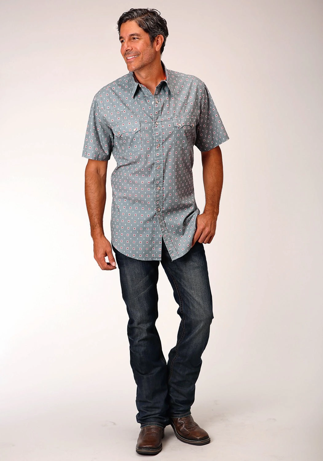 Flexible Mobility Roper Mens Grey 100% Cotton Vintage Foulard S/S Shirt