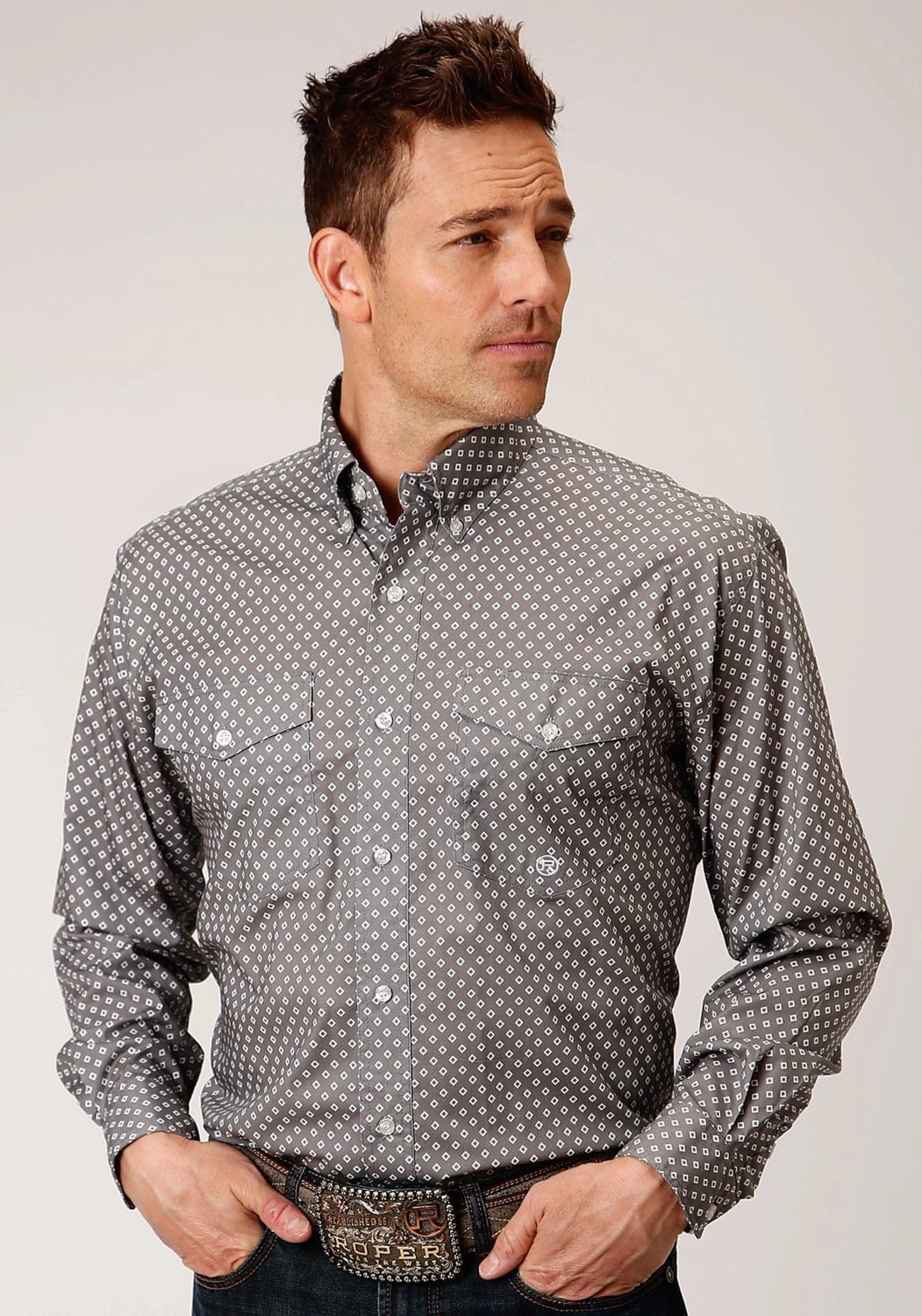 Roper Mens Grey Cotton Blend Diamond Poplin BD L/S Btn Shirt Patterned Texture