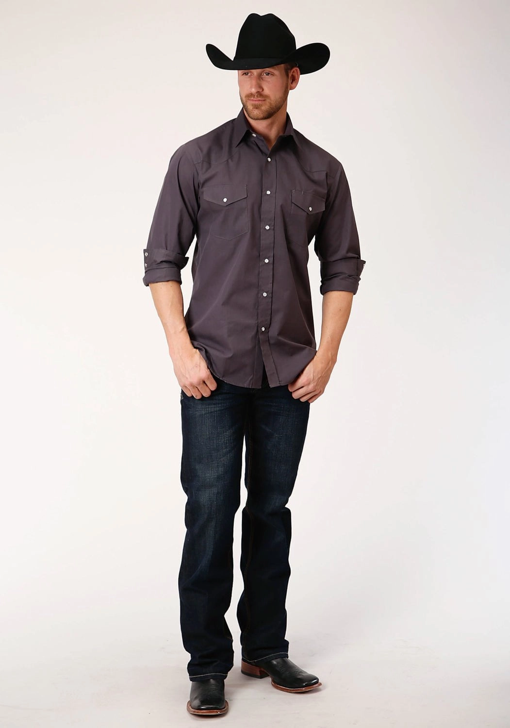 Roper Mens Grey Cotton Blend Slubby Tone L/S Tall Shirt Current Style Lightweight Material