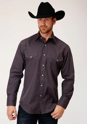 Roper Mens Grey Cotton Blend Slubby Tone L/S Tall Shirt Social Meetup