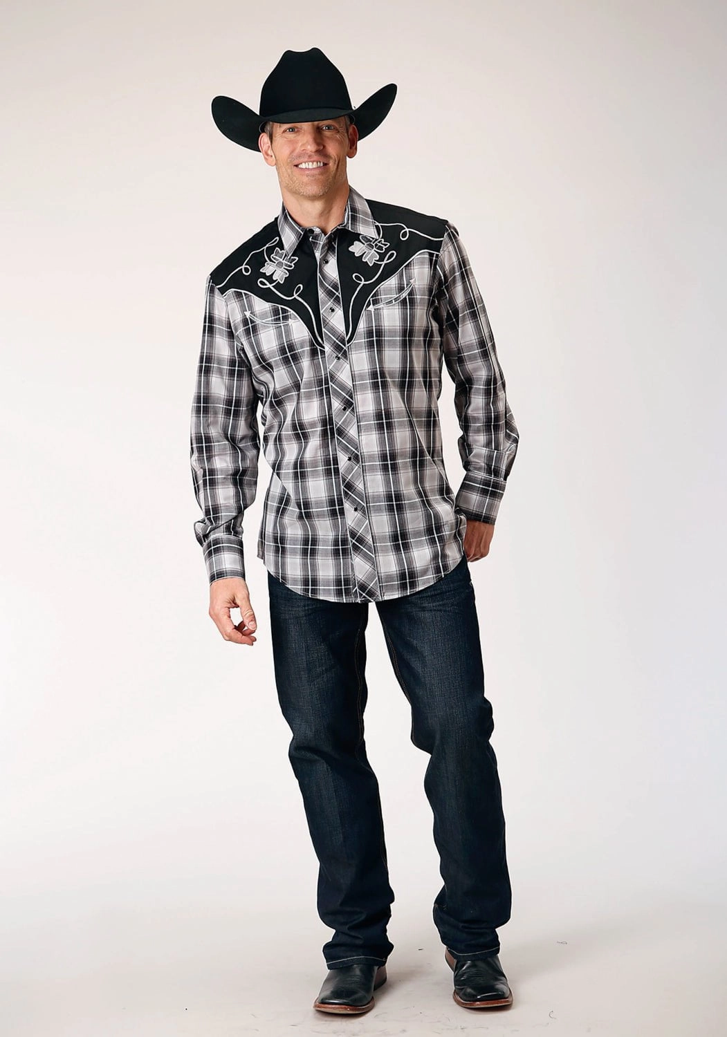 Eco Friendly Dye Roper Mens Grey Plaid Black Cotton Blend L/S Shirt