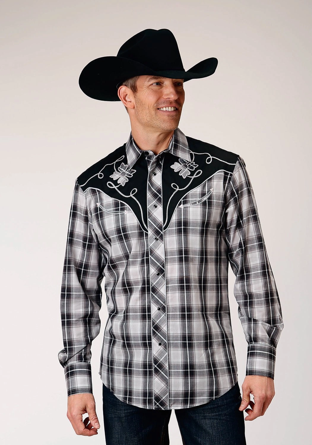 Mountain Retreat Roper Mens Grey Plaid Black Cotton Blend L/S Shirt