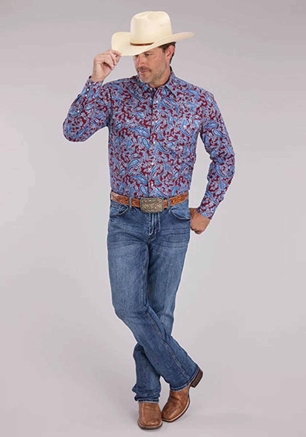 Moisture Wicking Layer Roper Mens Heritage Paisley Wine/Blue 100% Cotton L/S Shirt