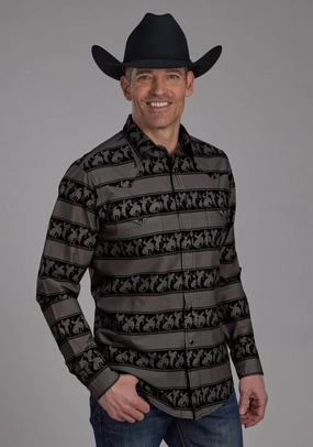 Roper Mens Horizontal Rodeo Stripe Black 100% Cotton L/S Shirt Spring Trend Lightweight Comfort
