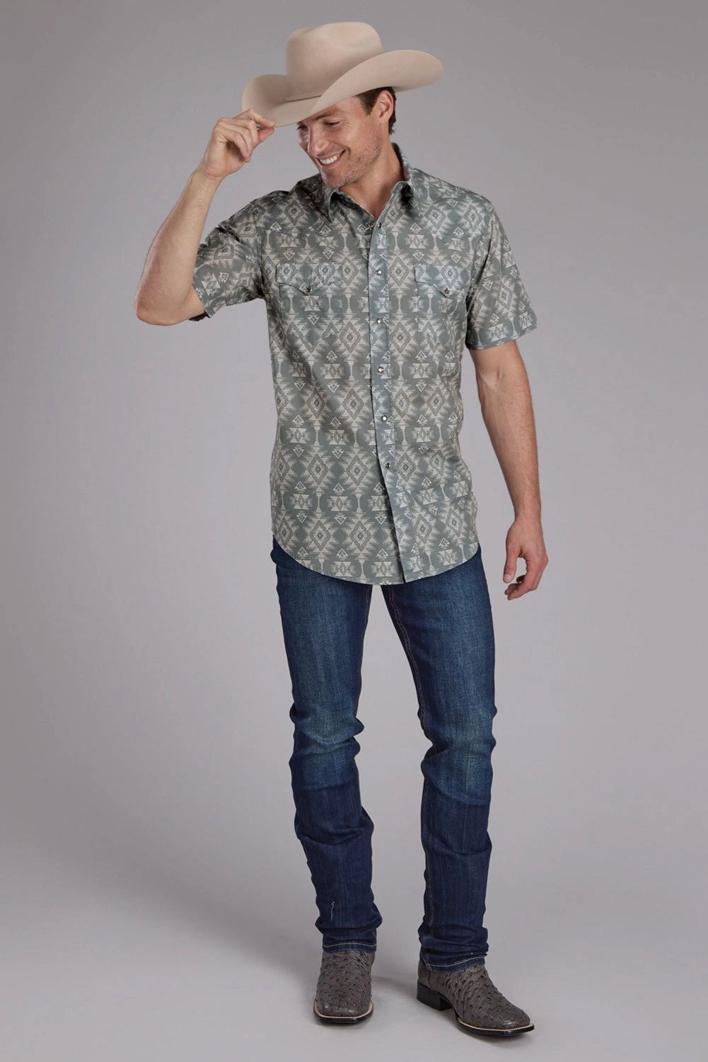 Roper Mens Horizontal Scribble Aztec Grey 100% Cotton S/S Shirt Fashion Forward Classic Look