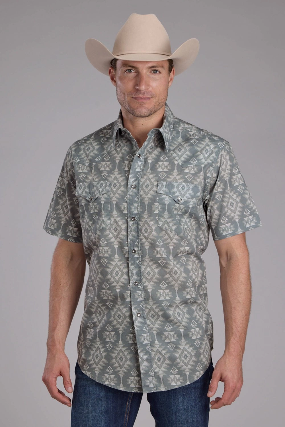 Road Trip Ready Neutral Colors Roper Mens Horizontal Scribble Aztec Grey 100% Cotton S/S Shirt