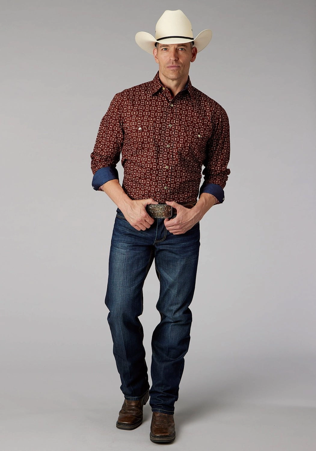 Smooth Texture Roper Mens Ikat Arrows Red 100% Cotton L/S Shirt