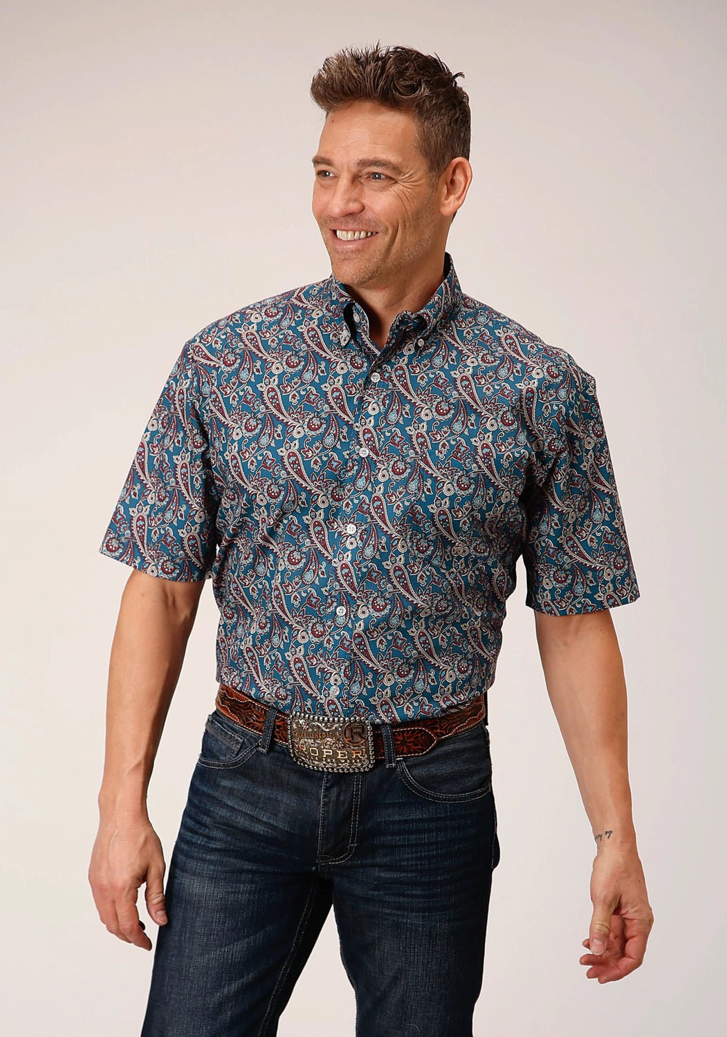 Wrinkle Resistant Roper Mens Independence Foulard Blue 100% Cotton S/S Shirt