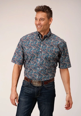 Roper Mens Independence Foulard Blue 100% Cotton S/S Shirt Classic Design Lightweight Construction