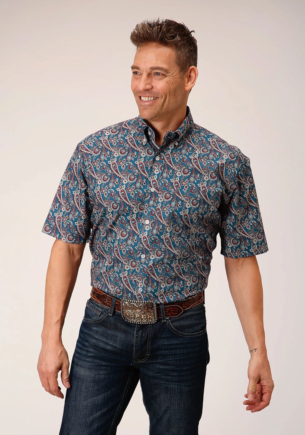 Roper Mens Independence Foulard Blue 100% Cotton S/S Shirt Classic Design Lightweight Construction