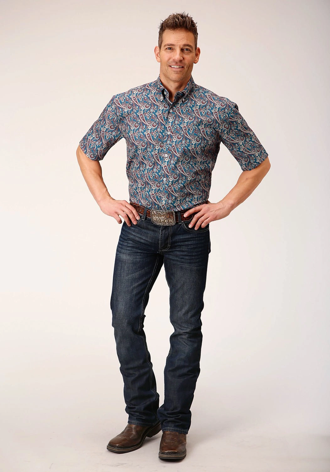 Roper Mens Independence Foulard Blue 100% Cotton S/S Shirt Stylish Detail