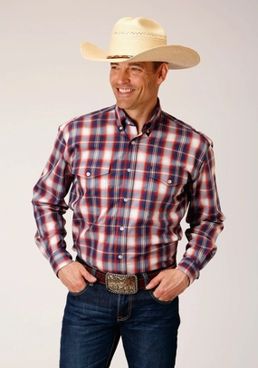 Multipocket Style Country Charm Roper Mens Independence Plaid Blue 100% Cotton Btn L/S Shirt