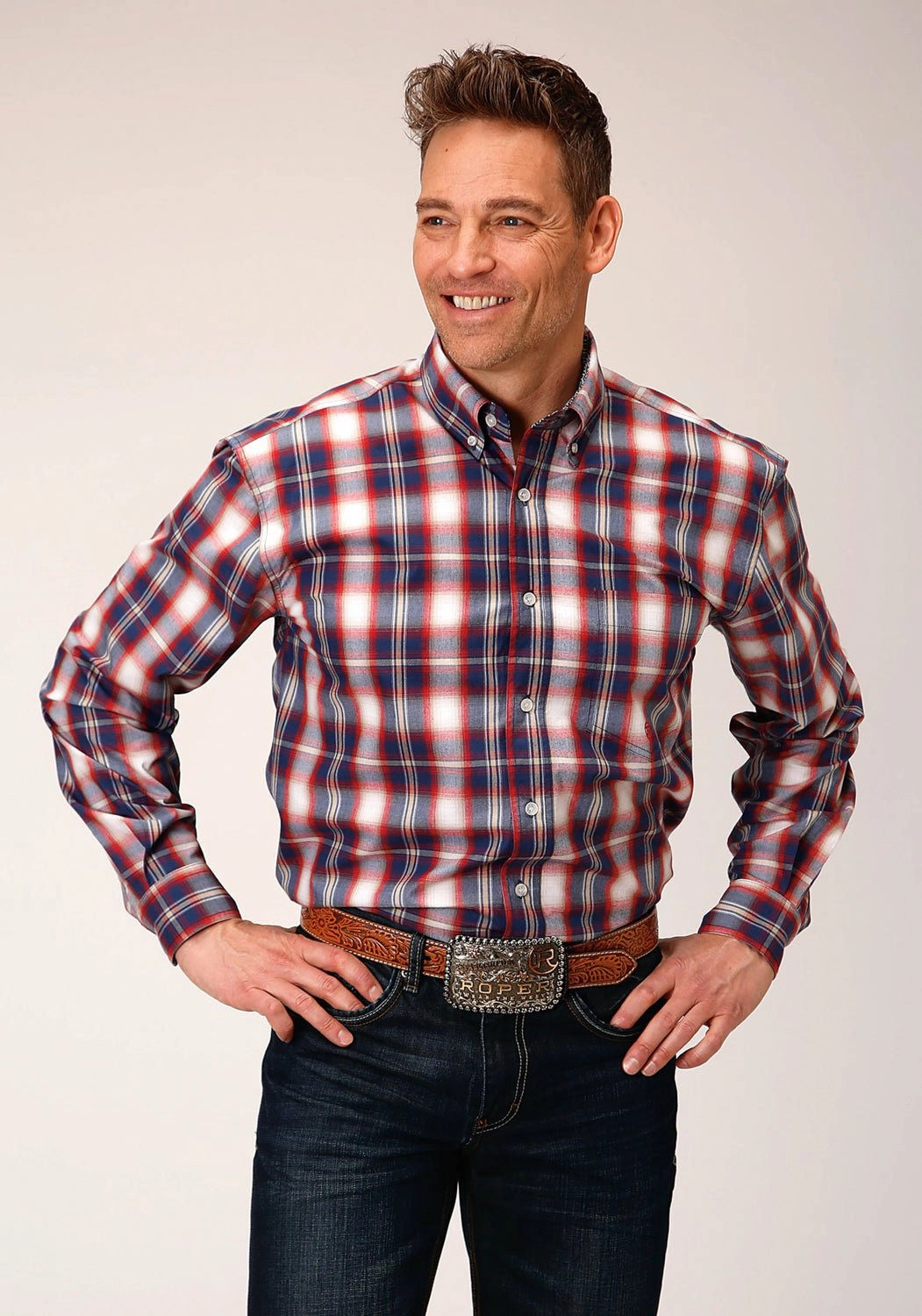 Embroidered Detail Sweat-Absorbing Roper Mens Independence Plaid Blue 100% Cotton L/S Shirt