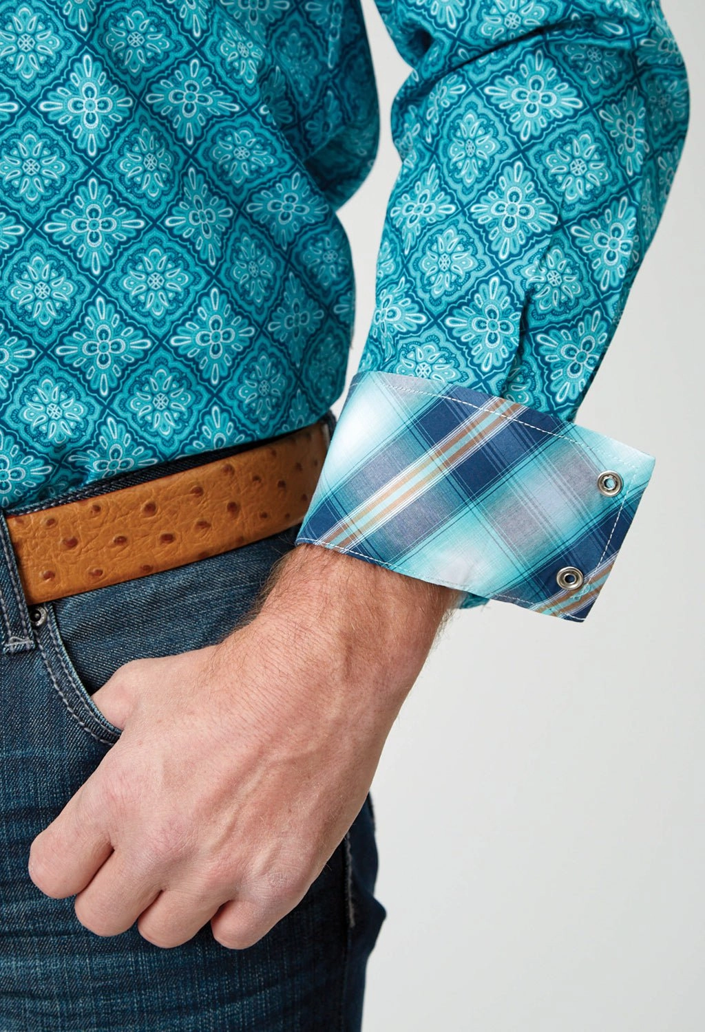 Roper Mens Lake Medallion Blue 100% Cotton L/S Shirt Stylish Detail