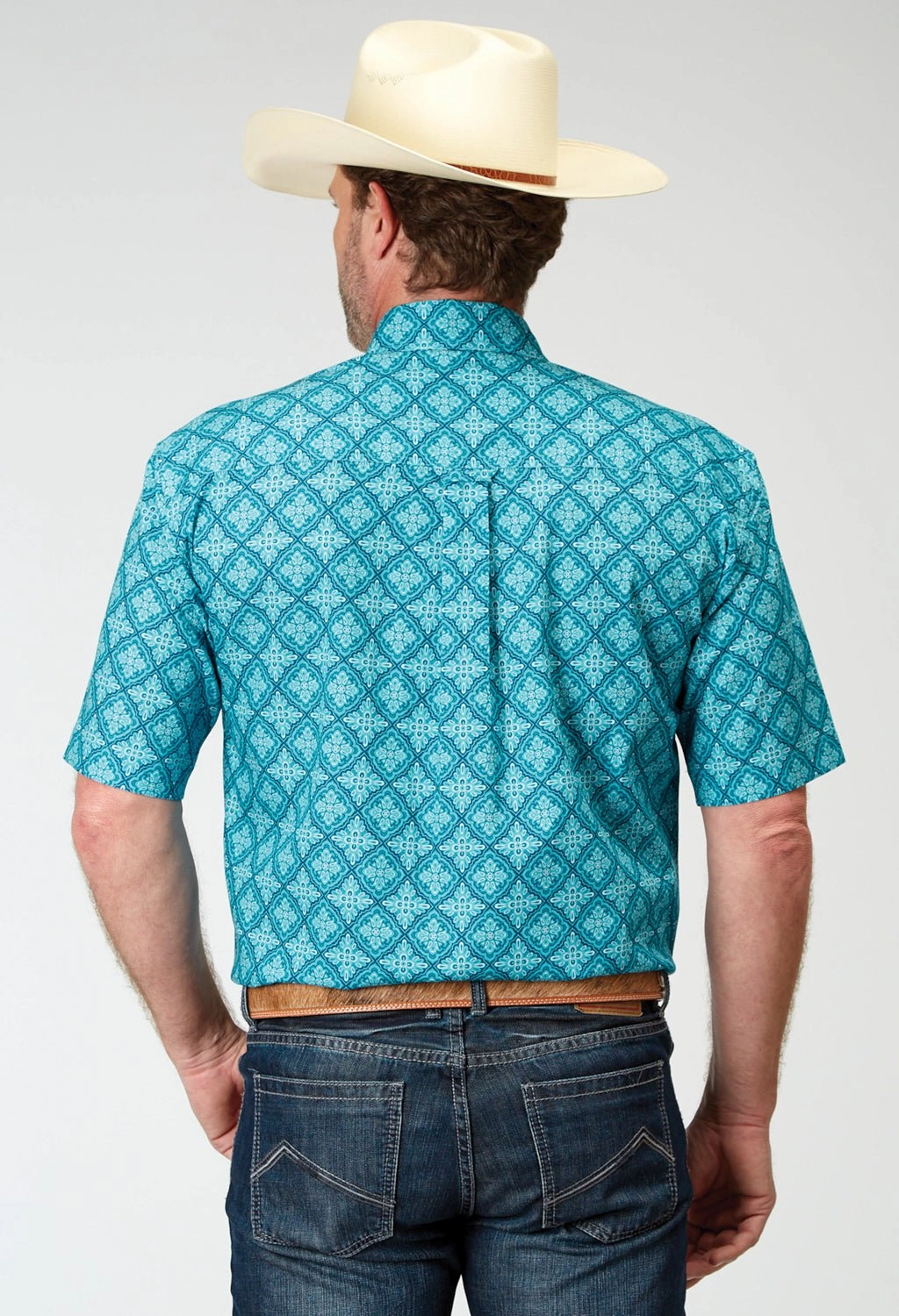 Roper Mens Lake Medallion Blue 100% Cotton S/S Shirt Split hem