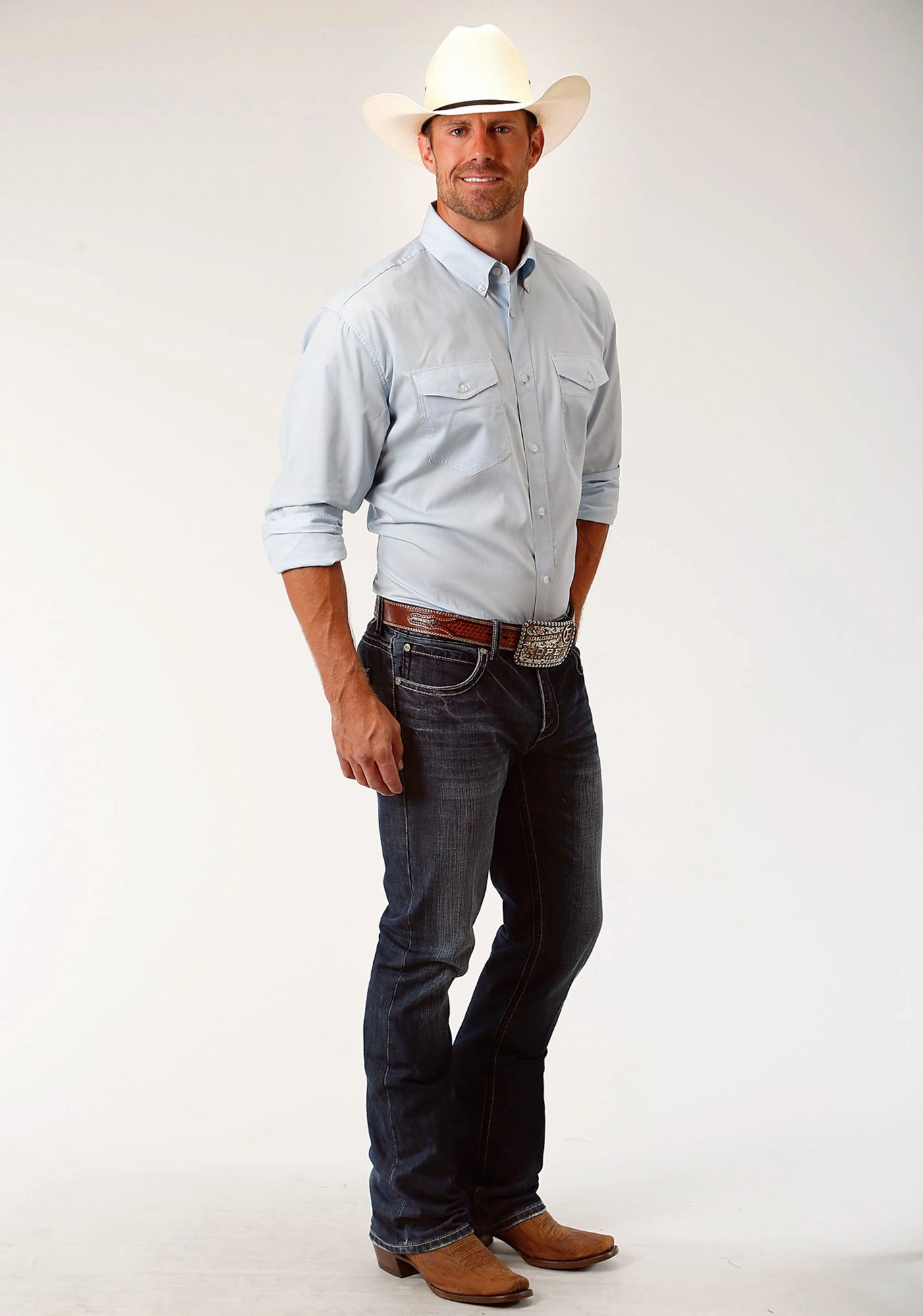 Roper Mens Light Blue 100% Cotton Solid Poplin BD L/S Shirt Budget Friendly Party outfit