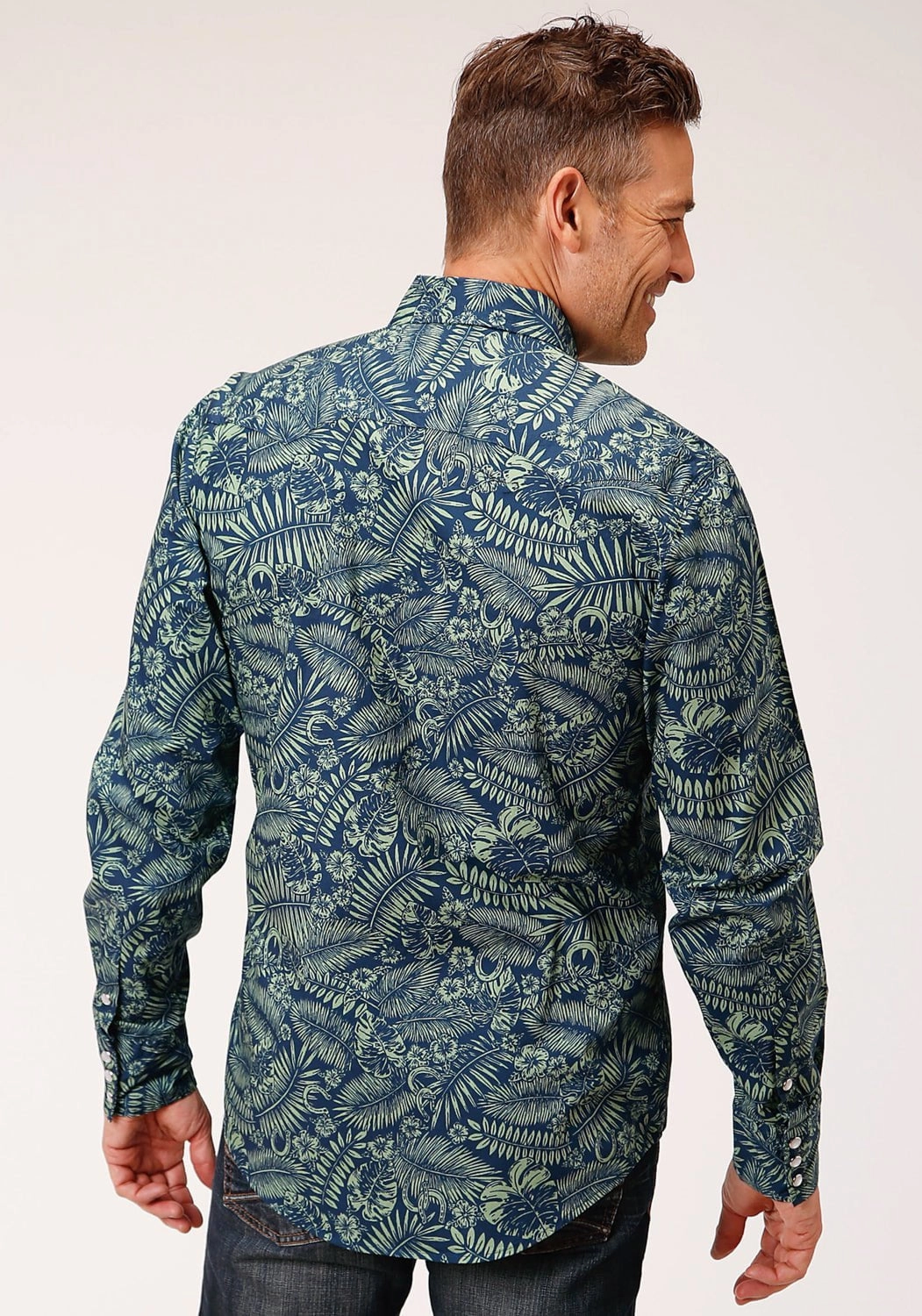 Organic Cotton Multipurpose Layering Fabric Roper Mens Lucky Tropical Print Green 100% Cotton L/S Shirt